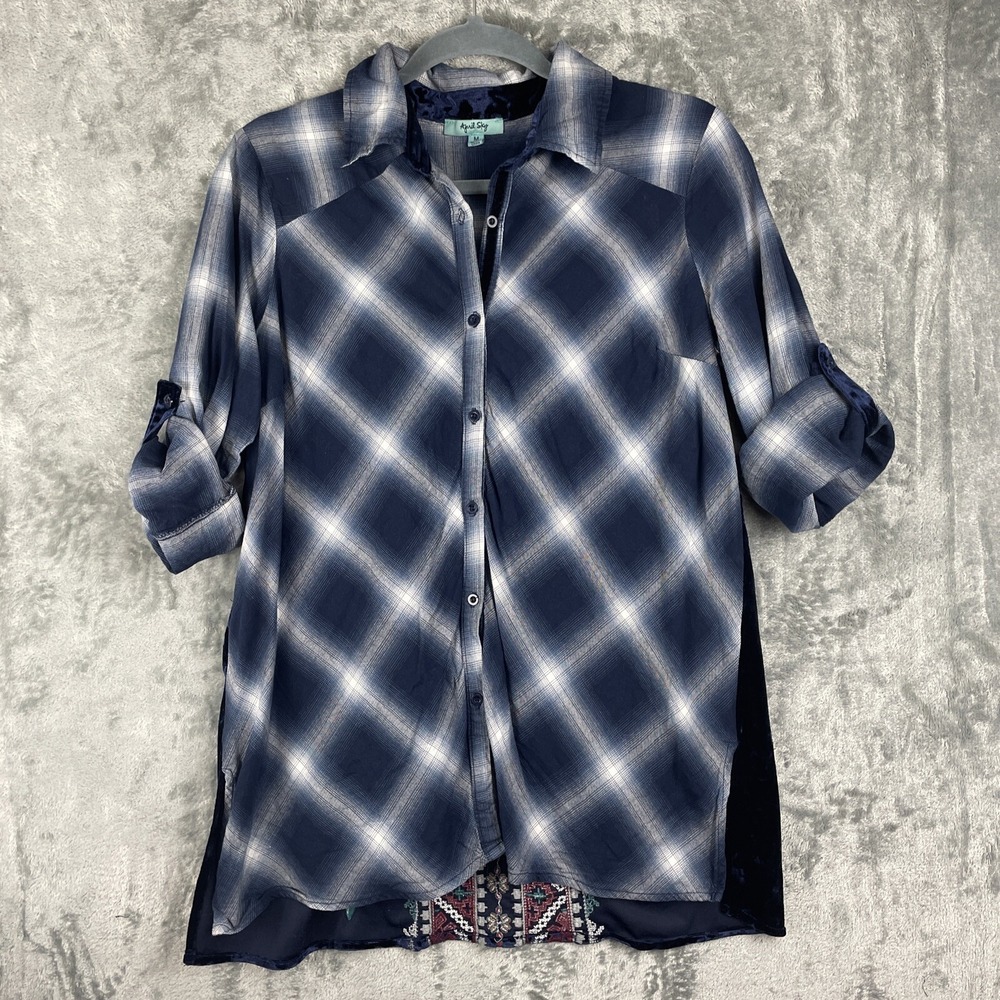 April Sky Shirt Womens Medium Embroidered Floral Aztec Velvet Plaid Tunic Top